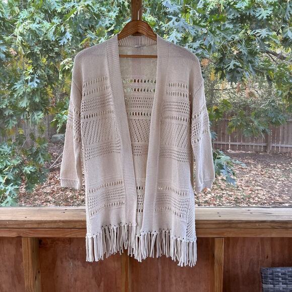 IKKS Women Ivory Open Front Fringe Trim Cardigan Sweater Size L - Picture 1 of 9